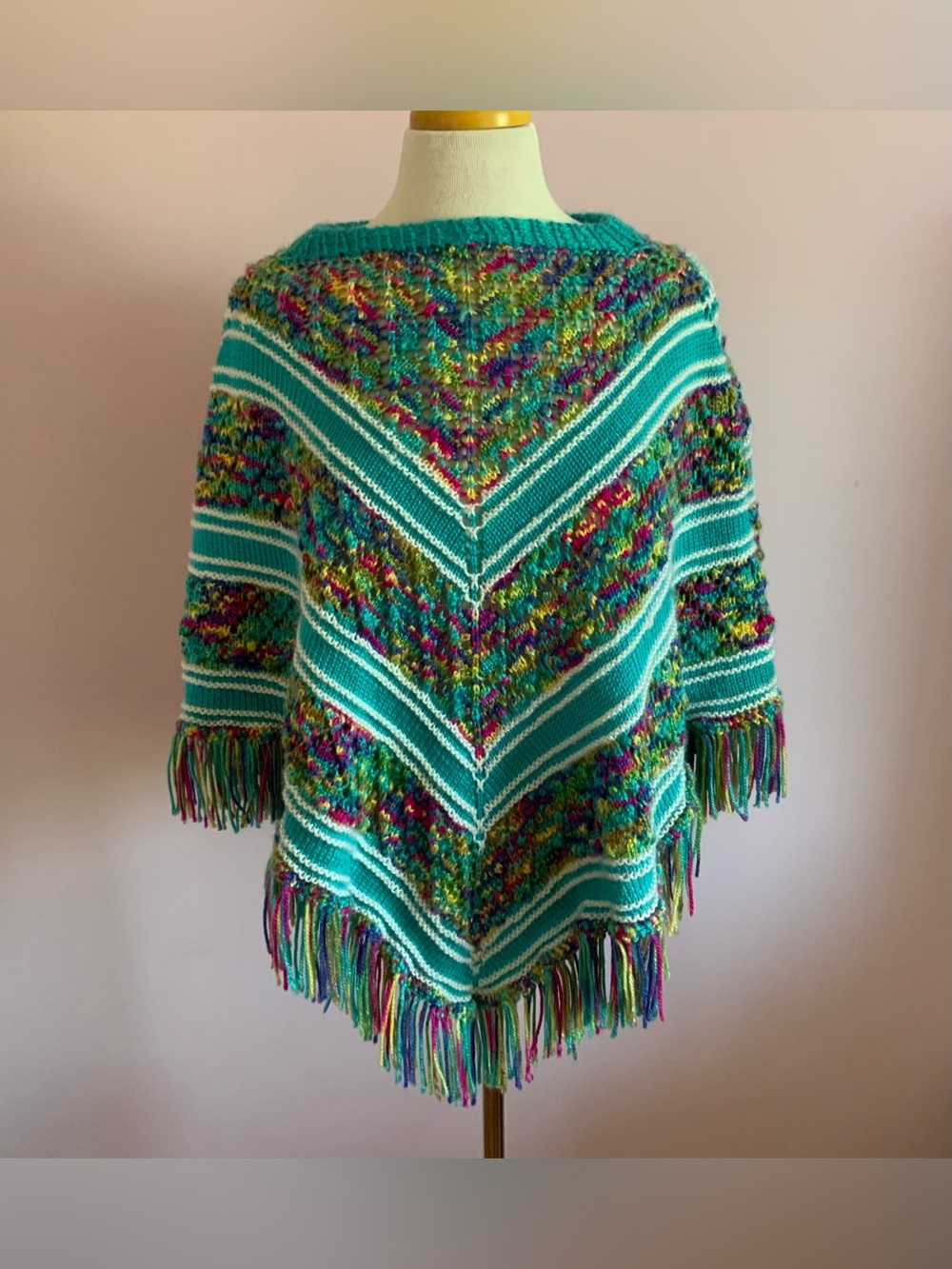 Turquoise Multicolor Fringe Knit Poncho Sweater